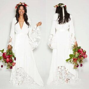 Bohemian Bell Long Sleeve 1970s White Simple Boho Wrap Long sleeve Wedding Dress
